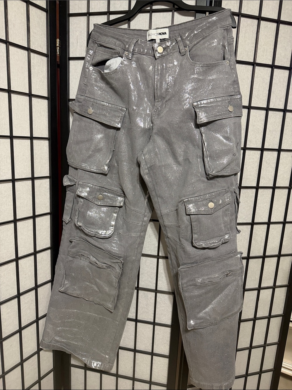 Fashion Nova Shimmery Gray Cargo Jeans with Utility Pockets, Sz 13